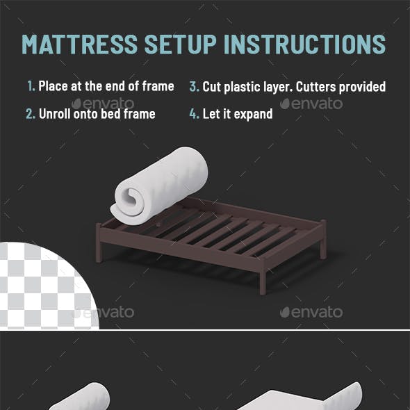Set of PNG images of 4 steps of fully deploying a memory foam mattress to a bed at different angles.