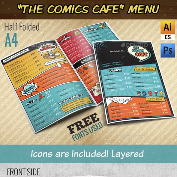 The Comics Cafe Menu || A4 Half folded