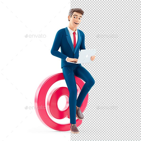 3D Cartoon Businessman Working on At Sign