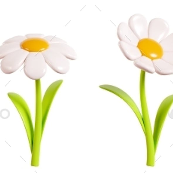 Daisy Plastic Flower with White Petals Green Stem